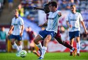 15 August 2025; Paul Scally of Salthill Devon in action against Jeannot Esua of Galway United during the Sports Direct Men’s FAI Cup third round match between Salthill Devon and Galway United at Eamonn Deacy Park in Galway. Photo by Piaras Ó Mídheach/Sportsfile
