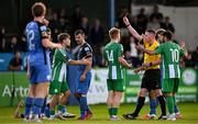 15 August 2025; Referee Damien MacGraith shows a red card to Billy O'Neill of Bray Wanderers during the Sports Direct Men’s FAI Cup third round match between Finn Harps and Bray Wanderers at Finn Park in Ballybofey, Donegal. Photo by Ramsey Cardy/Sportsfile