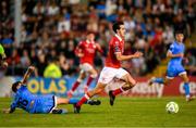 15 August 2025; Jad Hakiki of Sligo Rovers in action against Keith Buckley of Bohemians during the Sports Direct Men’s FAI Cup third round match between Bohemians and Sligo Rovers at Dalymount Park in Dublin. Photo by Stephen McCarthy/Sportsfile