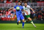 15 August 2025; Padraig Amond of Waterford in action against Rory Feely of Cork City during the Sports Direct Men’s FAI Cup third round match between Cork City and Waterford at Turner's Cross in Cork. Photo by Tyler Miller/Sportsfile