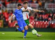 15 August 2025; Padraig Amond of Waterford in action against Rory Feely of Cork City during the Sports Direct Men’s FAI Cup third round match between Cork City and Waterford at Turner's Cross in Cork. Photo by Tyler Miller/Sportsfile