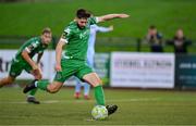 15 August 2025; Joe Adams of Kerry FC scores his side's second goal from a penalty during the Sports Direct Men’s FAI Cup third round match between Kerry FC and Cobh Ramblers at Mounthawk Park in Tralee, Kerry. Photo by Brendan Moran/Sportsfile
