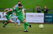 15 August 2025; Joe Adams of Kerry FC scores his side's second goal from a penalty during the Sports Direct Men’s FAI Cup third round match between Kerry FC and Cobh Ramblers at Mounthawk Park in Tralee, Kerry. Photo by Brendan Moran/Sportsfile