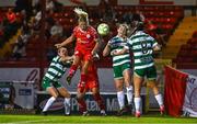 15 August 2025; Mackenzie Anthony of Shelbourne has a header on goal during the Sports Direct Women's FAI Cup quarter-final match between Shelbourne and Shamrock Rovers at Tolka Park in Dublin. Photo by Ben McShane/Sportsfile
