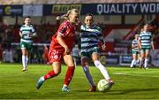 15 August 2025; Ella Kelly of Shamrock Rovers in action against Maeve Wollmer of Shelbourne during the Sports Direct Women's FAI Cup quarter-final match between Shelbourne and Shamrock Rovers at Tolka Park in Dublin. Photo by Ben McShane/Sportsfile