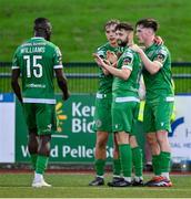 15 August 2025; Joe Adams of Kerry FC, centre, celebrates with teammates Kevin Williams, Ronan Teahan and Oran Crowe after scoring their side's second goal, from a penalty, during the Sports Direct Men’s FAI Cup third round match between Kerry FC and Cobh Ramblers at Mounthawk Park in Tralee, Kerry. Photo by Brendan Moran/Sportsfile