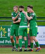 15 August 2025; Joe Adams of Kerry FC, centre, celebrates with teammates Ronan Teahan, left, and Oran Crowe after scoring their side's second goal, from a penalty, during the Sports Direct Men’s FAI Cup third round match between Kerry FC and Cobh Ramblers at Mounthawk Park in Tralee, Kerry. Photo by Brendan Moran/Sportsfile