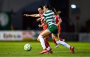 15 August 2025; Megan Smyth-Lynch of Shelbourne in action against Ella Kelly of Shamrock Rovers during the Sports Direct Women's FAI Cup quarter-final match between Shelbourne and Shamrock Rovers at Tolka Park in Dublin. Photo by Ben McShane/Sportsfile