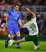 15 August 2025; Kyle White of Waterford is tackled by Matthew Kiernan of Cork City during the Sports Direct Men’s FAI Cup third round match between Cork City and Waterford at Turner's Cross in Cork. Photo by Tyler Miller/Sportsfile