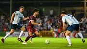 15 August 2025; Jimmy Keohane of Galway United in action against Marc Ludden, left, Calym Crowe of Salthill Devon during the Sports Direct Men’s FAI Cup third round match between Salthill Devon and Galway United at Eamonn Deacy Park in Galway. Photo by Piaras Ó Mídheach/Sportsfile