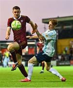 15 August 2025; Garry Buckley of Galway United in action against Alexander van Strien Murphy of Salthill Devon during the Sports Direct Men’s FAI Cup third round match between Salthill Devon and Galway United at Eamonn Deacy Park in Galway. Photo by Piaras Ó Mídheach/Sportsfile