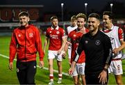 15 August 2025; Sligo Rovers manager John Russell, right, and his players after their side's victory in the Sports Direct Men’s FAI Cup third round match between Bohemians and Sligo Rovers at Dalymount Park in Dublin. Photo by Seb Daly/Sportsfile