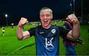 15 August 2025; Shaunie Bradley of Finn Harps after his side's victory in the Sports Direct Men’s FAI Cup third round match between Finn Harps and Bray Wanderers at Finn Park in Ballybofey, Donegal. Photo by Ramsey Cardy/Sportsfile
