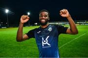 15 August 2025; Hans Kamta Mpongo of Finn Harps after his side's victory in the Sports Direct Men’s FAI Cup third round match between Finn Harps and Bray Wanderers at Finn Park in Ballybofey, Donegal. Photo by Ramsey Cardy/Sportsfile