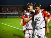 15 August 2025; Sligo Rovers players Gareth McElroy, left, and Matty Wolfe after their side's victory in the Sports Direct Men’s FAI Cup third round match between Bohemians and Sligo Rovers at Dalymount Park in Dublin. Photo by Seb Daly/Sportsfile