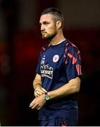 15 August 2025; Shelbourne manager Eoin Wearen reacts after his side's defeat in the Sports Direct Women's FAI Cup quarter-final match between Shelbourne and Shamrock Rovers at Tolka Park in Dublin. Photo by Ben McShane/Sportsfile