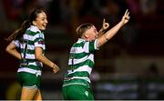 15 August 2025; Jaime Thompson of Shamrock Rovers gestures the score to Shelbourne supporters after the Sports Direct Women's FAI Cup quarter-final match between Shelbourne and Shamrock Rovers at Tolka Park in Dublin. Photo by Ben McShane/Sportsfile