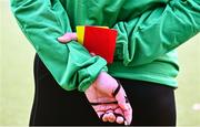 16 August 2025; A general view of a red and yellow card during an FAI / DCC Female Referee Programme course at Irishtown Stadium in Dublin. Photo by Tyler Miller/Sportsfile