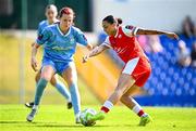 16 August 2025; Madelyn Robbins of Treaty United in action against Chloe McCarthy of DLR Waves during the Sports Direct Women's FAI Cup quarter-final match between DLR Waves and Treaty United at UCD Bowl in Dublin. Photo by Seb Daly/Sportsfile