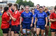 16 August 2025; Leinster players, including Molly Boyne, left, and Jade Gaffney leave the pitch after their side's defeat in the Vodafone Women’s Interprovincial Championship Round 2 match between Leinster and Munster at Energia Park in Dublin. Photo by Shauna Clinton/Sportsfile