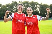 16 August 2025; Treaty United goalscorers Isabella Marie Flocchini, left, and Madelyn Robbins after their side's victory in the Sports Direct Women's FAI Cup quarter-final match between DLR Waves and Treaty United at UCD Bowl in Dublin. Photo by Seb Daly/Sportsfile