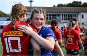 16 August 2025; Heidi Lyons of Leinster shakes hands with Caitríona Finn of Munster after the Vodafone Women’s Interprovincial Championship Round 2 match between Leinster and Munster at Energia Park in Dublin. Photo by Shauna Clinton/Sportsfile