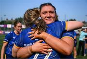 16 August 2025; Leinster debutants Hannah Wilson, right, and Heidi Lyons hug after the Vodafone Women’s Interprovincial Championship Round 2 match between Leinster and Munster at Energia Park in Dublin. Photo by Shauna Clinton/Sportsfile