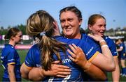 16 August 2025; Leinster debutants Hannah Wilson, right, and Heidi Lyons hug after the Vodafone Women’s Interprovincial Championship Round 2 match between Leinster and Munster at Energia Park in Dublin. Photo by Shauna Clinton/Sportsfile