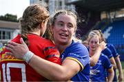 16 August 2025; Kathy Baker of Leinster shakes hands with Caitríona Finn of Munster after the Vodafone Women’s Interprovincial Championship Round 2 match between Leinster and Munster at Energia Park in Dublin. Photo by Shauna Clinton/Sportsfile