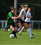 16 August 2025; Karen Duggan of Peamount United in action against Madison Gibson of Athlone Town during the Sports Direct Women's FAI Cup quarter-final match between Peamount United and Athlone Town at Greenogue Park in Newcastle, Dublin. Photo by Tyler Miller/Sportsfile