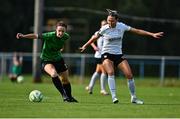 16 August 2025; Karen Duggan of Peamount United in action against Madison Gibson of Athlone Town during the Sports Direct Women's FAI Cup quarter-final match between Peamount United and Athlone Town at Greenogue Park in Newcastle, Dublin. Photo by Tyler Miller/Sportsfile