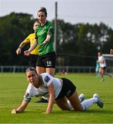 16 August 2025; Karen Duggan of Peamount United protests to referee John Sconnie Walsh after fouling Madison Gibson of Athlone Town during the Sports Direct Women's FAI Cup quarter-final match between Peamount United and Athlone Town at Greenogue Park in Newcastle, Dublin. Photo by Tyler Miller/Sportsfile