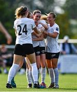 16 August 2025; Aoife O'Connor of Athlone Town, centre, celebrates with team-mates after scoring their side's first goal during the Sports Direct Women's FAI Cup quarter-final match between Peamount United and Athlone Town at Greenogue Park in Newcastle, Dublin. Photo by Tyler Miller/Sportsfile