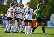 16 August 2025; Aoife O'Connor of Athlone Town, centre, celebrates with team-mates after scoring their side's first goal during the Sports Direct Women's FAI Cup quarter-final match between Peamount United and Athlone Town at Greenogue Park in Newcastle, Dublin. Photo by Tyler Miller/Sportsfile