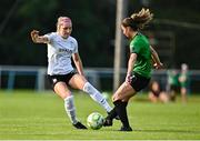 16 August 2025; Sarah Rice of Athlone Town in action against Lauryn O'Callaghan of Peamount United during the Sports Direct Women's FAI Cup quarter-final match between Peamount United and Athlone Town at Greenogue Park in Newcastle, Dublin. Photo by Tyler Miller/Sportsfile