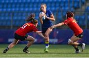 16 August 2025; Sophia White of Leinster in action against Munster players Lily Byrne, left, and Cailinn O'Brien during the PwC U-18 Girls Interprovincial Series match between Leinster and Munster at Energia Park in Dublin. Photo by Shauna Clinton/Sportsfile