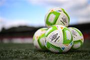 16 August 2025; A detailed view of Drogheda United branded match balls on the pitch before the Sports Direct Men’s FAI Cup third round match between Derry City and Drogheda United at The Ryan McBride Brandywell Stadium in Derry. Photo by Stephen McCarthy/Sportsfile