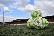 16 August 2025; A detailed view of Drogheda United branded match balls on the pitch before the Sports Direct Men’s FAI Cup third round match between Derry City and Drogheda United at The Ryan McBride Brandywell Stadium in Derry. Photo by Stephen McCarthy/Sportsfile