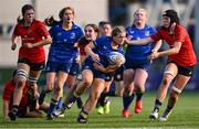 16 August 2025; Erin McFaddenb of Leinster in action against Lisa O'Mahony of Munster during the PwC U-18 Girls Interprovincial Series match between Leinster and Munster at Energia Park in Dublin. Photo by Shauna Clinton/Sportsfile