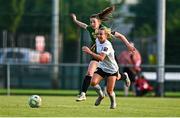 16 August 2025; Alexis Strickland of Athlone Town in action against Ellen Dolan of Peamount United during the Sports Direct Women's FAI Cup quarter-final match between Peamount United and Athlone Town at Greenogue Park in Newcastle, Dublin. Photo by Tyler Miller/Sportsfile