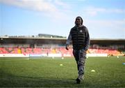 16 August 2025; Bridel Bosakani of Drogheda United arrives before the Sports Direct Men’s FAI Cup third round match between Derry City and Drogheda United at The Ryan McBride Brandywell Stadium in Derry. Photo by Stephen McCarthy/Sportsfile