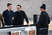16 August 2025; League of Ireland supporter Tom Simmons, right, exchanges opinions with RTÉ's Alan Cawley, left, and Stuart Byrne before the Sports Direct Men’s FAI Cup third round match between Derry City and Drogheda United at The Ryan McBride Brandywell Stadium in Derry. Photo by Stephen McCarthy/Sportsfile