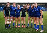16 August 2025; Leinster and Mullingar players, from left, Jane Charles, Éabha O'Mahony, Lillie Harney, Jessica Briody, Orlagh O'Brien, Gráinne Cleary and Orla Rijksen after their side's victory in the PwC U-18 Girls Interprovincial Series match between Leinster and Munster at Energia Park in Dublin. Photo by Shauna Clinton/Sportsfile
