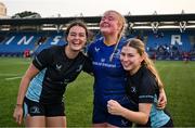 16 August 2025; Leinster and Mullingar players, from left,  Jane Charles, Éabha O'Mahony and Jessica Briody after their side's victory in the PwC U-18 Girls Interprovincial Series match between Leinster and Munster at Energia Park in Dublin. Photo by Shauna Clinton/Sportsfile
