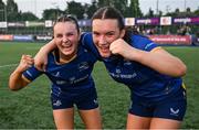 16 August 2025; Leinster players Lillie Harney, left, and Gráinne Cleary celebrate after their side's victory in the PwC U-18 Girls Interprovincial Series match between Leinster and Munster at Energia Park in Dublin. Photo by Shauna Clinton/Sportsfile
