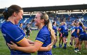 16 August 2025; Leinster players Gráinne Cleary, left, and Lillie Harney celebrate after their side's victory in the PwC U-18 Girls Interprovincial Series match between Leinster and Munster at Energia Park in Dublin. Photo by Shauna Clinton/Sportsfile