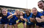 16 August 2025; Leinster players, including game-winning try-scorer Orlagh O'Brien, centre, celebrate after the PwC U-18 Girls Interprovincial Series match between Leinster and Munster at Energia Park in Dublin. Photo by Shauna Clinton/Sportsfile