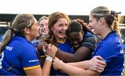 16 August 2025; Leinster players, including game-winning try-scorer Orlagh O'Brien, centre, celebrate after the PwC U-18 Girls Interprovincial Series match between Leinster and Munster at Energia Park in Dublin. Photo by Shauna Clinton/Sportsfile