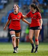 16 August 2025; Munster players Abi Kelly, left, and Jo McCaughey during the PwC U-18 Girls Interprovincial Series match between Leinster and Munster at Energia Park in Dublin. Photo by Shauna Clinton/Sportsfile