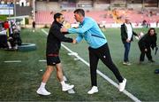 16 August 2025; Drogheda United manager Kevin Doherty, right, and Derry City manager Tiernan Lynch before the Sports Direct Men’s FAI Cup third round match between Derry City and Drogheda United at The Ryan McBride Brandywell Stadium in Derry. Photo by Stephen McCarthy/Sportsfile